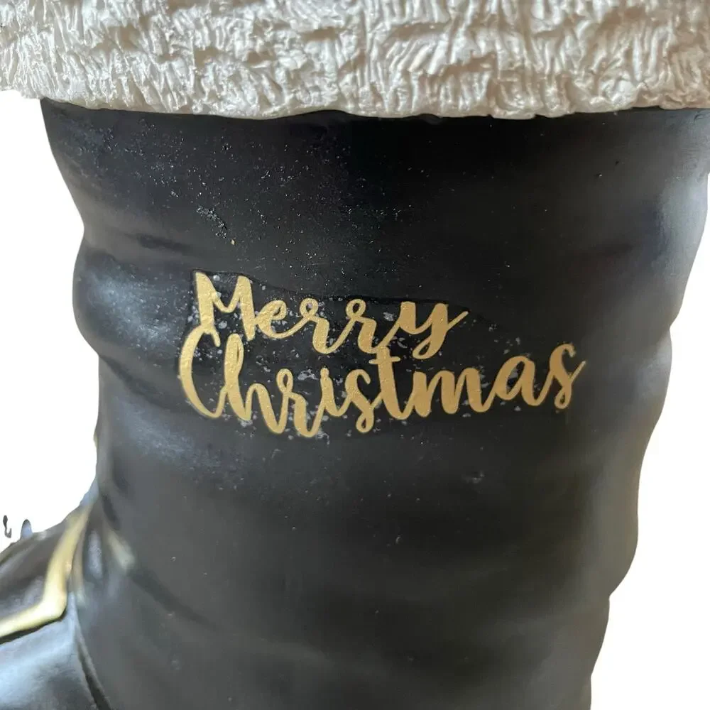 Santa Boots MERRY CHRISTMAS Container Planter Holiday Black Gold White Holiday